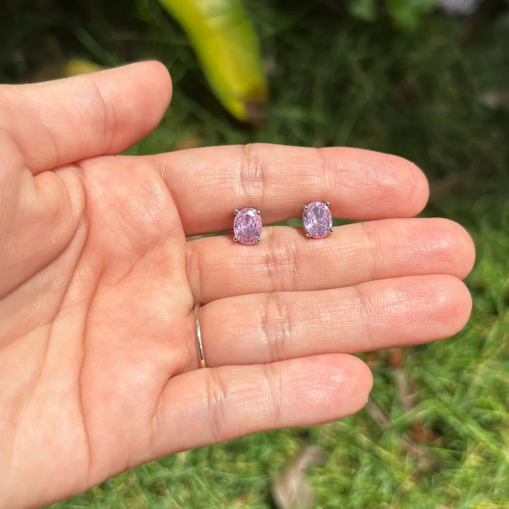 18K White Gold Plated Baby Pink Diamond Stud Earrings - Picture 2 of 6